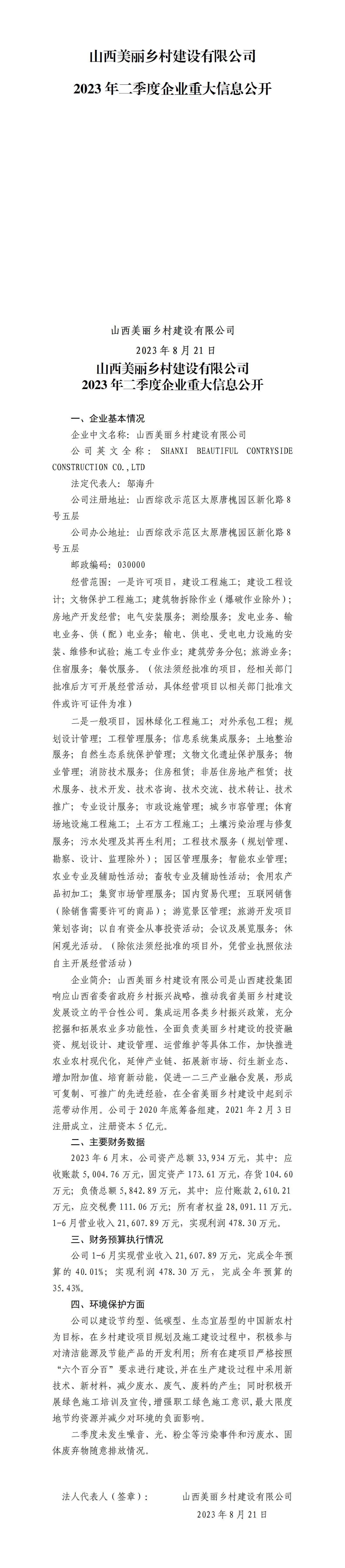 山西美丽乡村尊龙凯时有限公司2023年二季度企业重大信息公开