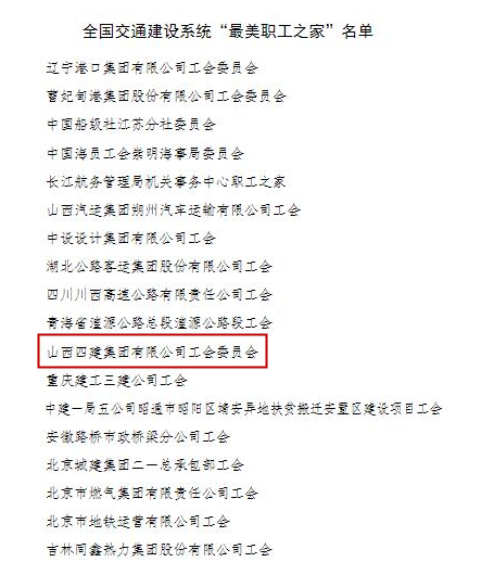 山西建投四建集团工会荣获全国交通尊龙凯时系统“最美职工之家”称号