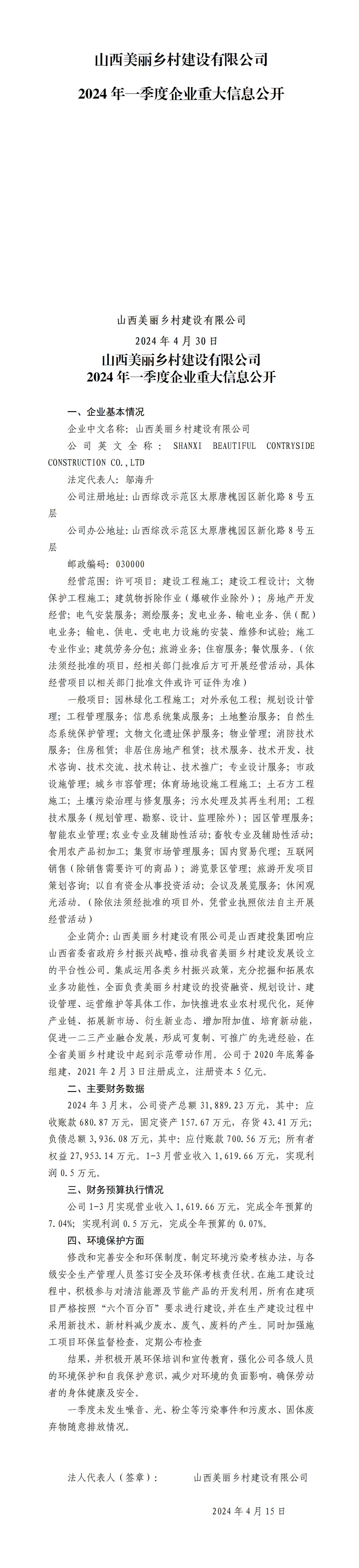 山西美丽乡村尊龙凯时有限公司2024年一季度企业重大信息公开